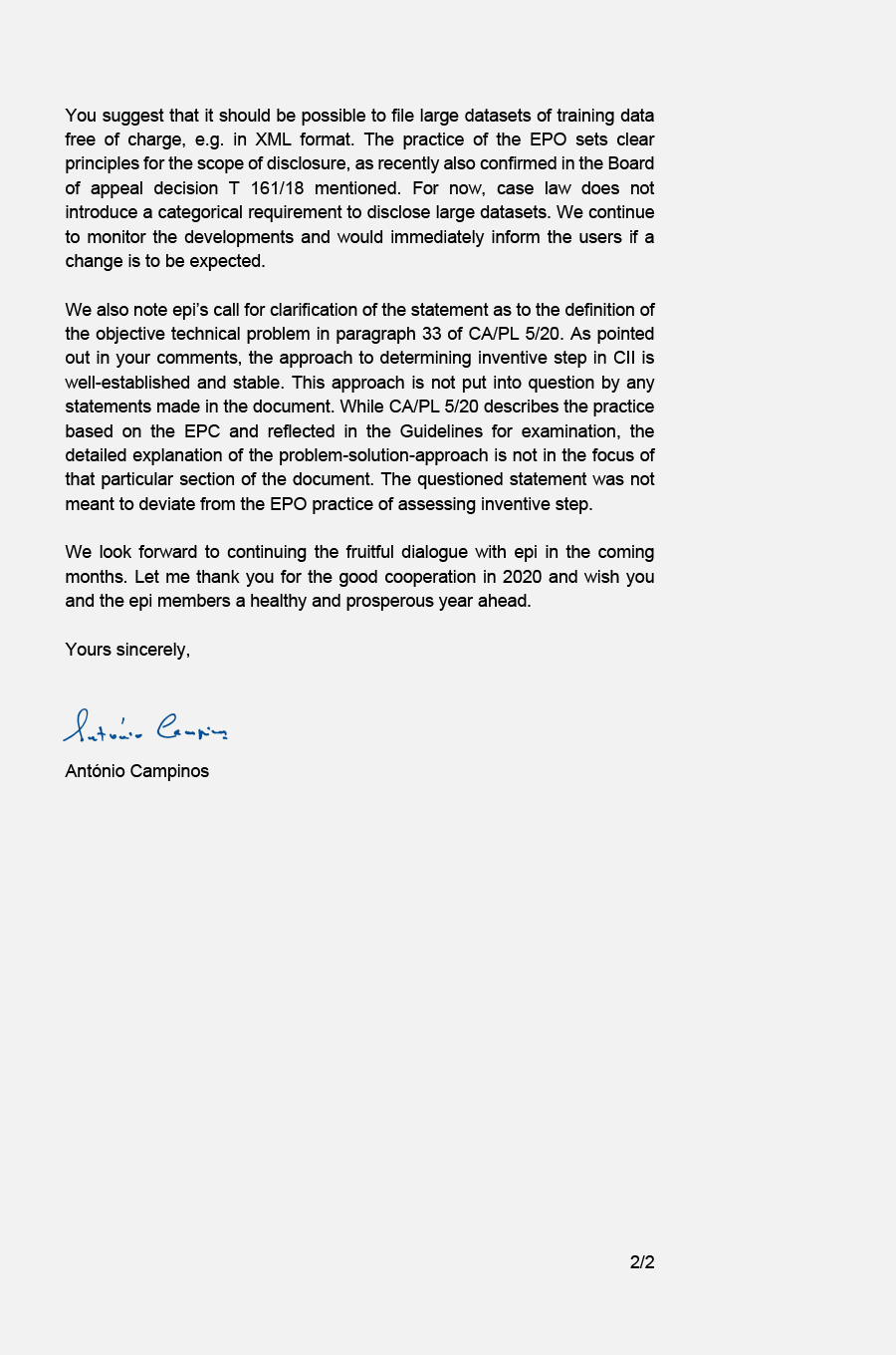 Letter from EPO President